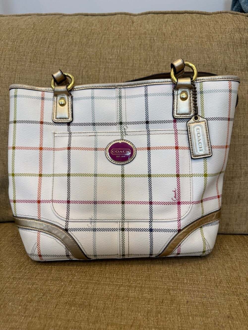 Coach Peyton Tattersall Plaid PVC Tote Bag in White and Gold